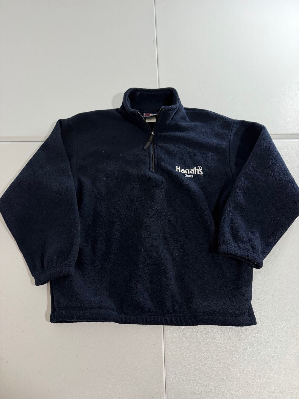 Vintage 2003 Harrah's Casino Embroidered 1/4 Zip Fleece Pullover Navy Mens Small
